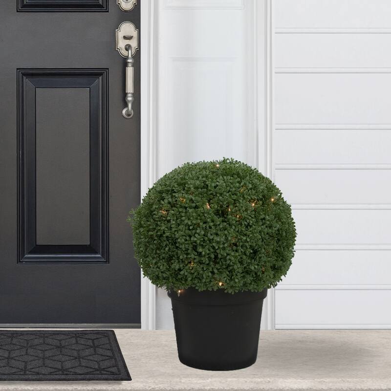 20" PreLit Artificial Boxwood Ball Topiary in Round Pot Clear Lights